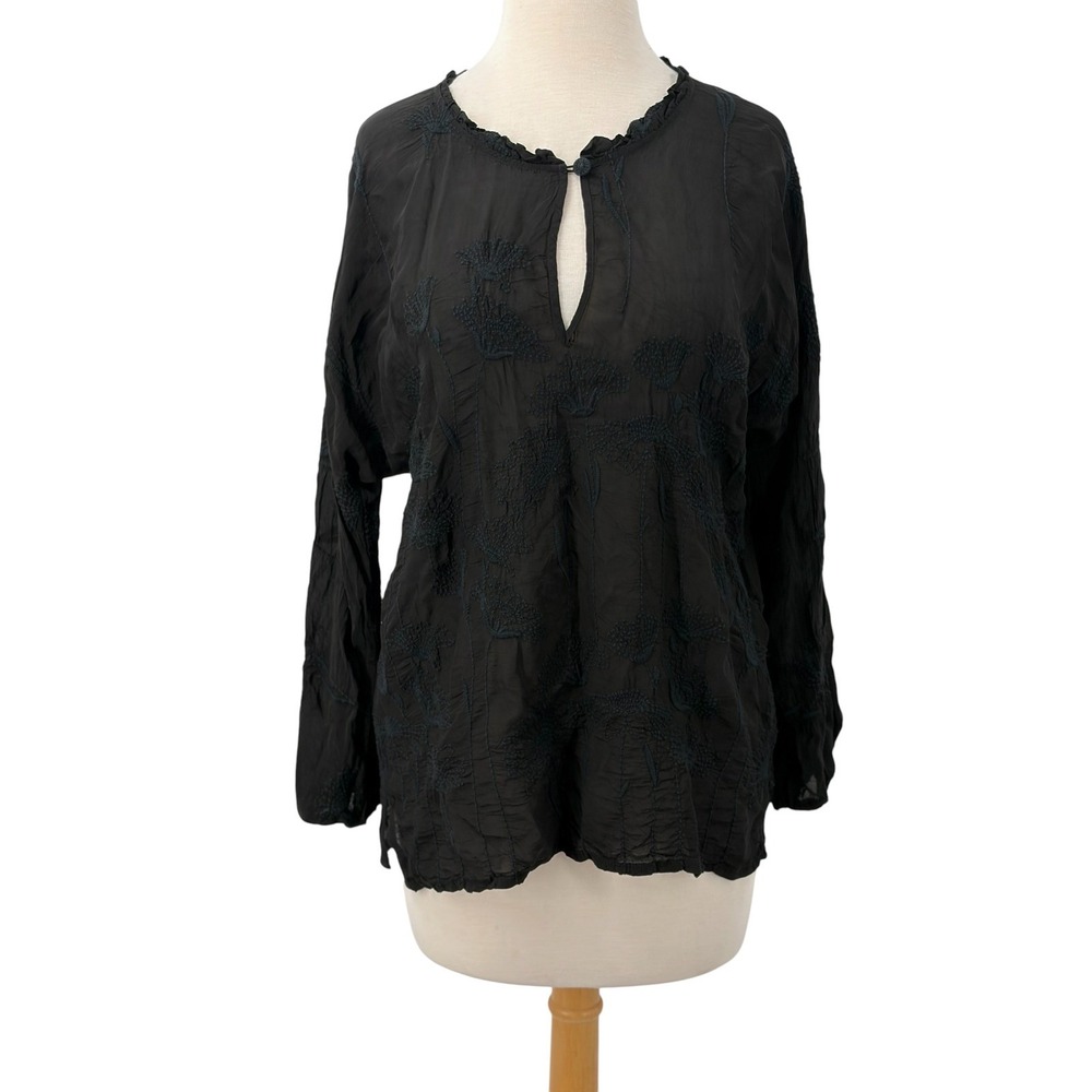 Johnny Was Long Sleeve Black Embroidered Cupra Rayon Keyhole Blouse Boho Size S